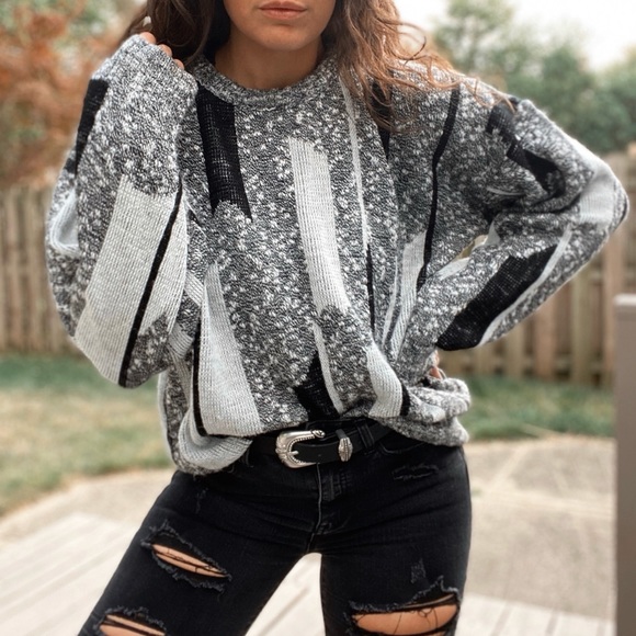 Vintage Sweaters - Vintage Black White Grandpa Sweater